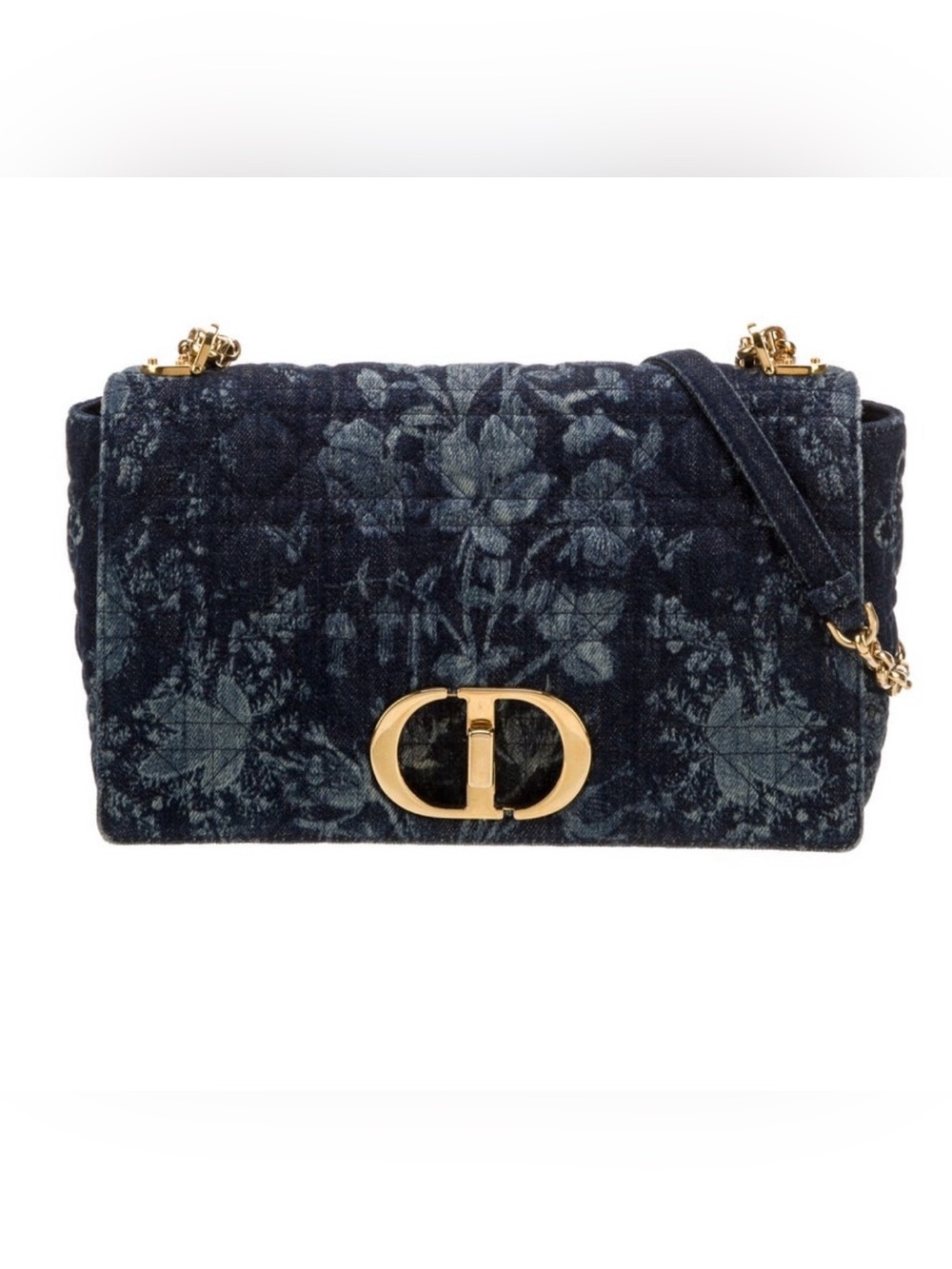 Dior Dark Blue Floral Quilted Shoulder Bag with Gold CD Hardware